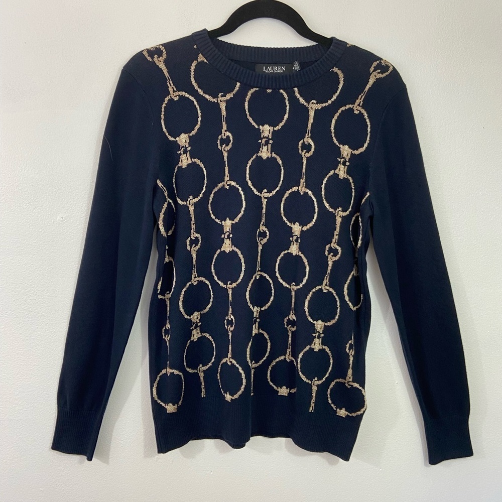 Lauren Ralph‎ Lauren Black Label Medium Blue Gold Chain Sweater Preppy Old Money - Picture 2 of 9